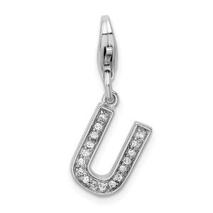 925 Sterling Silver Polished CZ Letter U Initial Bracelet Charm Lobster Clasp